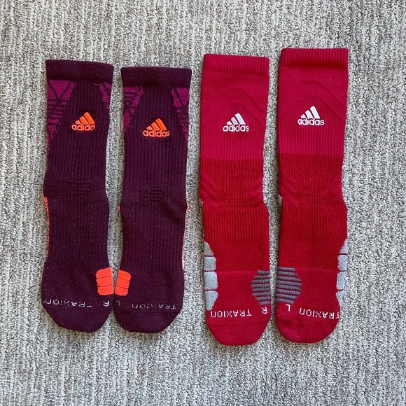 Lot of 2 Pairs Men's Medium Adidas Football Traxion Cushioned Crew Socks Red - Picture 1 of 4